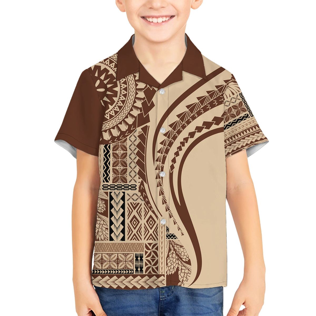 Samoa Siapo Arty Family Matching Off Shoulder Maxi Dress and Hawaiian Shirt Brown Style LT9 Son's Shirt Brown - Polynesian Pride
