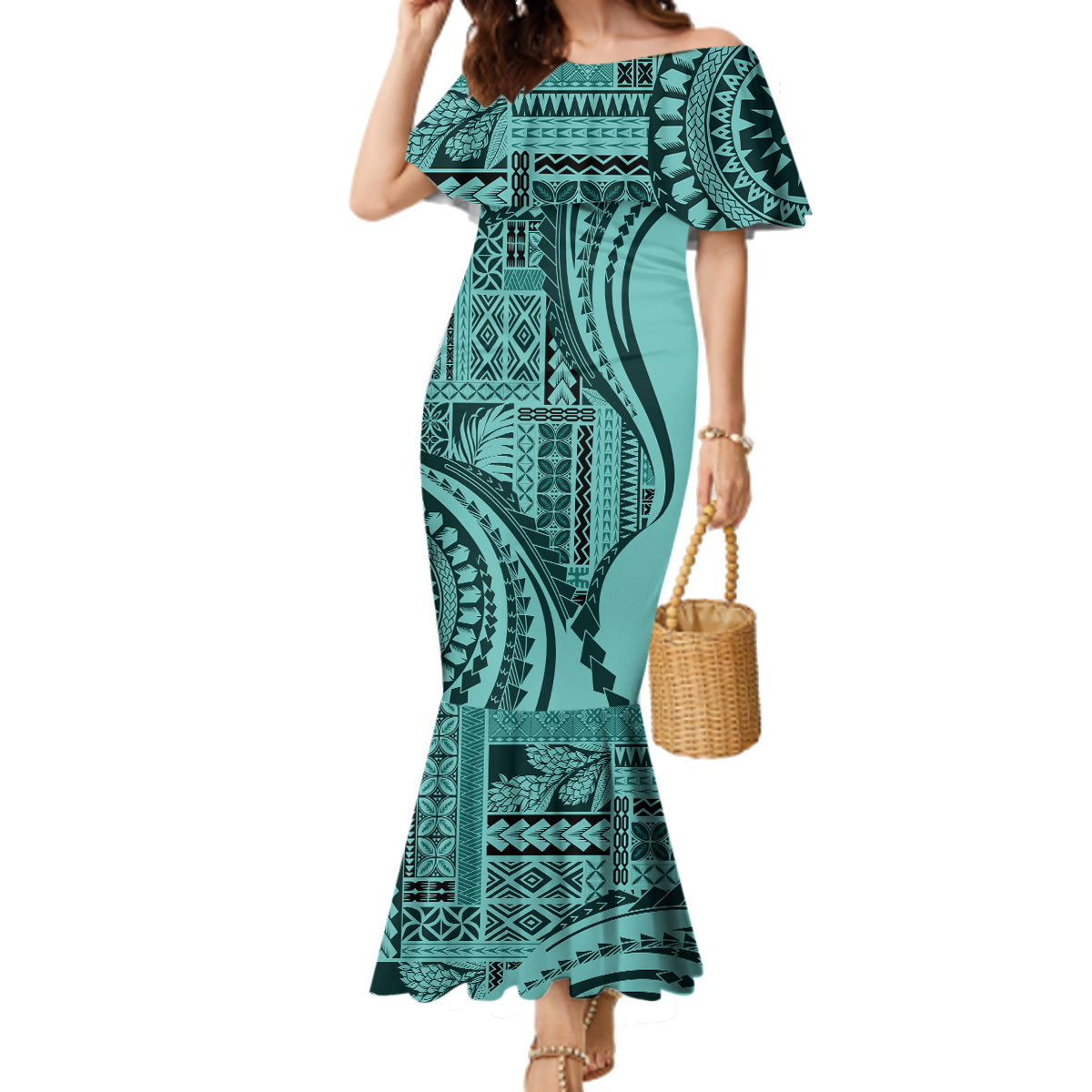 Samoa Siapo Arty Family Matching Mermaid Dress and Hawaiian Shirt Turquoise Style LT9 Mom's Dress Turquoise - Polynesian Pride