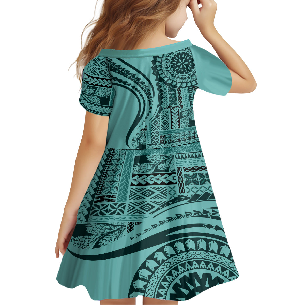 Samoa Siapo Arty Family Matching Off Shoulder Long Sleeve Dress and Hawaiian Shirt Turquoise Style LT9 - Polynesian Pride