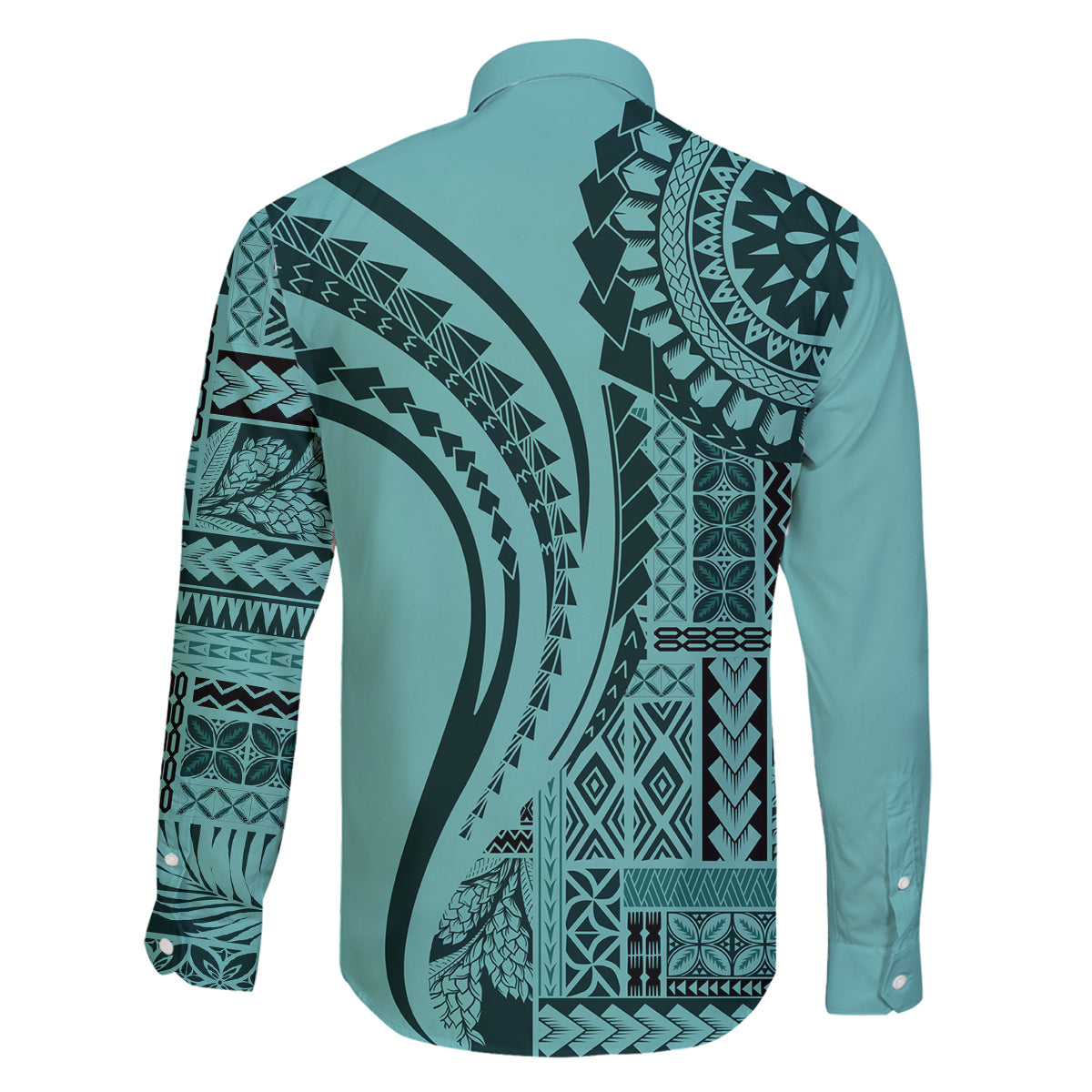 Samoa Siapo Arty Family Matching Off Shoulder Long Sleeve Dress and Hawaiian Shirt Turquoise Style LT9 - Polynesian Pride