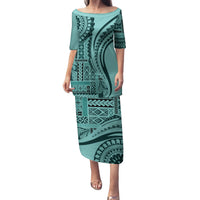 Samoa Siapo Arty Family Matching Puletasi Dress and Hawaiian Shirt Turquoise Style LT9 Mom's Dress Turquoise - Polynesian Pride