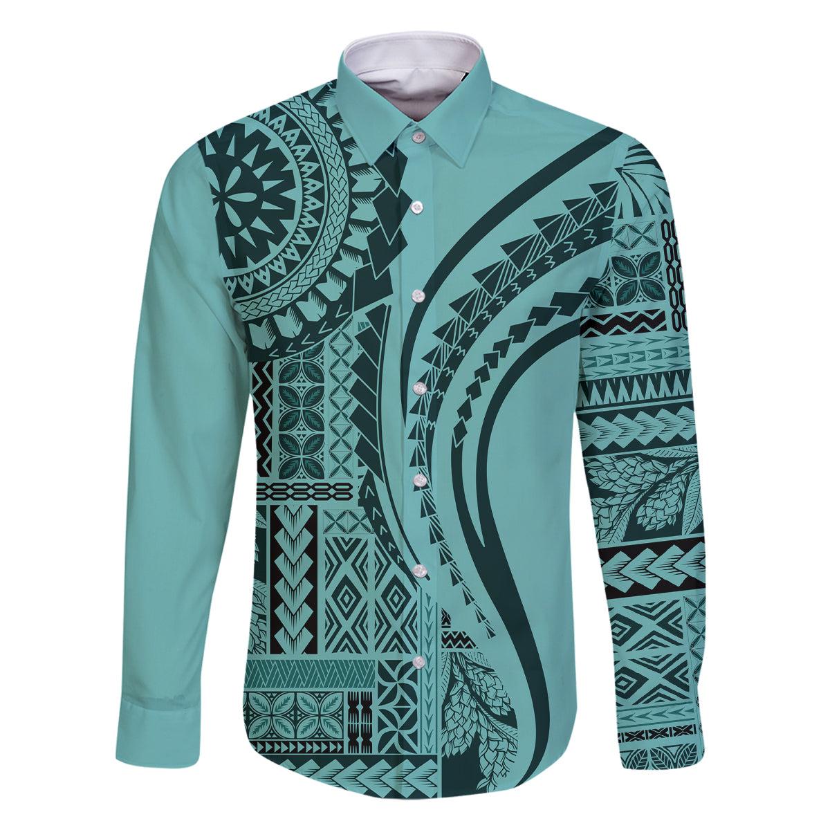 Samoa Siapo Arty Family Matching Tank Maxi Dress and Hawaiian Shirt Turquoise Style LT9 Dad's Shirt - Long Sleeve Turquoise - Polynesian Pride