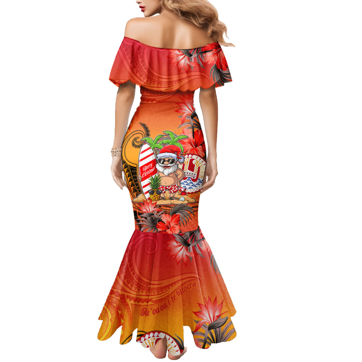 Personalised Wishes in Tahitian Christmas Family Matching Mermaid Dress and Hawaiian Shirt French Polynesia Santa Beach LT9 - Polynesian Pride