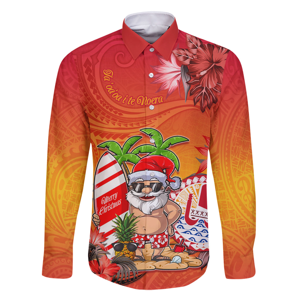Personalised Wishes in Tahitian Christmas Family Matching Off Shoulder Long Sleeve Dress and Hawaiian Shirt French Polynesia Santa Beach LT9 Dad's Shirt - Long Sleeve Red - Polynesian Pride