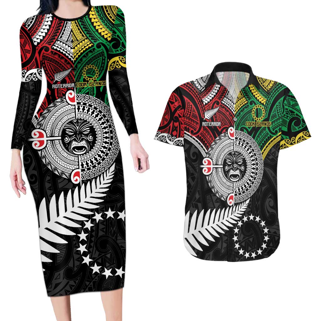 Aotearoa and Cook Islands Mo Te Tiriti Couples Matching Long Sleeve Bodycon Dress and Hawaiian Shirt New Zealand Honour The Treaty Ake!Ake!Ake! LT9 Green - Polynesian Pride