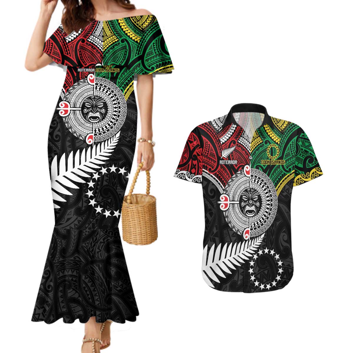 Aotearoa and Cook Islands Mo Te Tiriti Couples Matching Mermaid Dress and Hawaiian Shirt New Zealand Honour The Treaty Ake!Ake!Ake! LT9 Green - Polynesian Pride