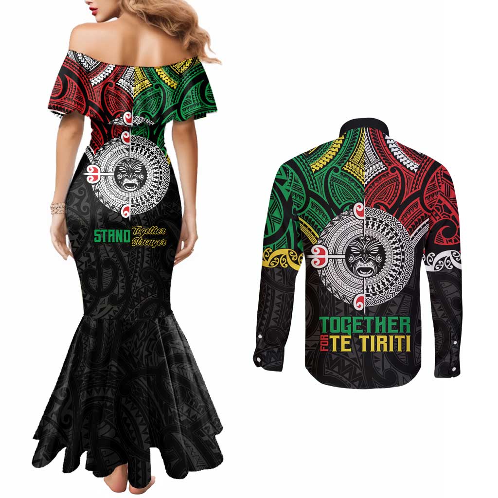 Aotearoa and Cook Islands Mo Te Tiriti Couples Matching Mermaid Dress and Long Sleeve Button Shirt New Zealand Honour The Treaty Ake!Ake!Ake! LT9 - Polynesian Pride