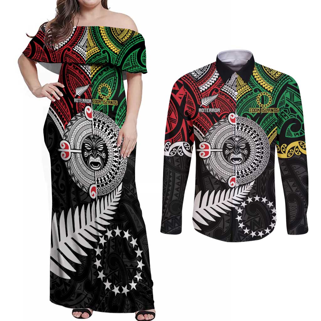 Aotearoa and Cook Islands Mo Te Tiriti Couples Matching Off Shoulder Maxi Dress and Long Sleeve Button Shirt New Zealand Honour The Treaty Ake!Ake!Ake! LT9 Green - Polynesian Pride