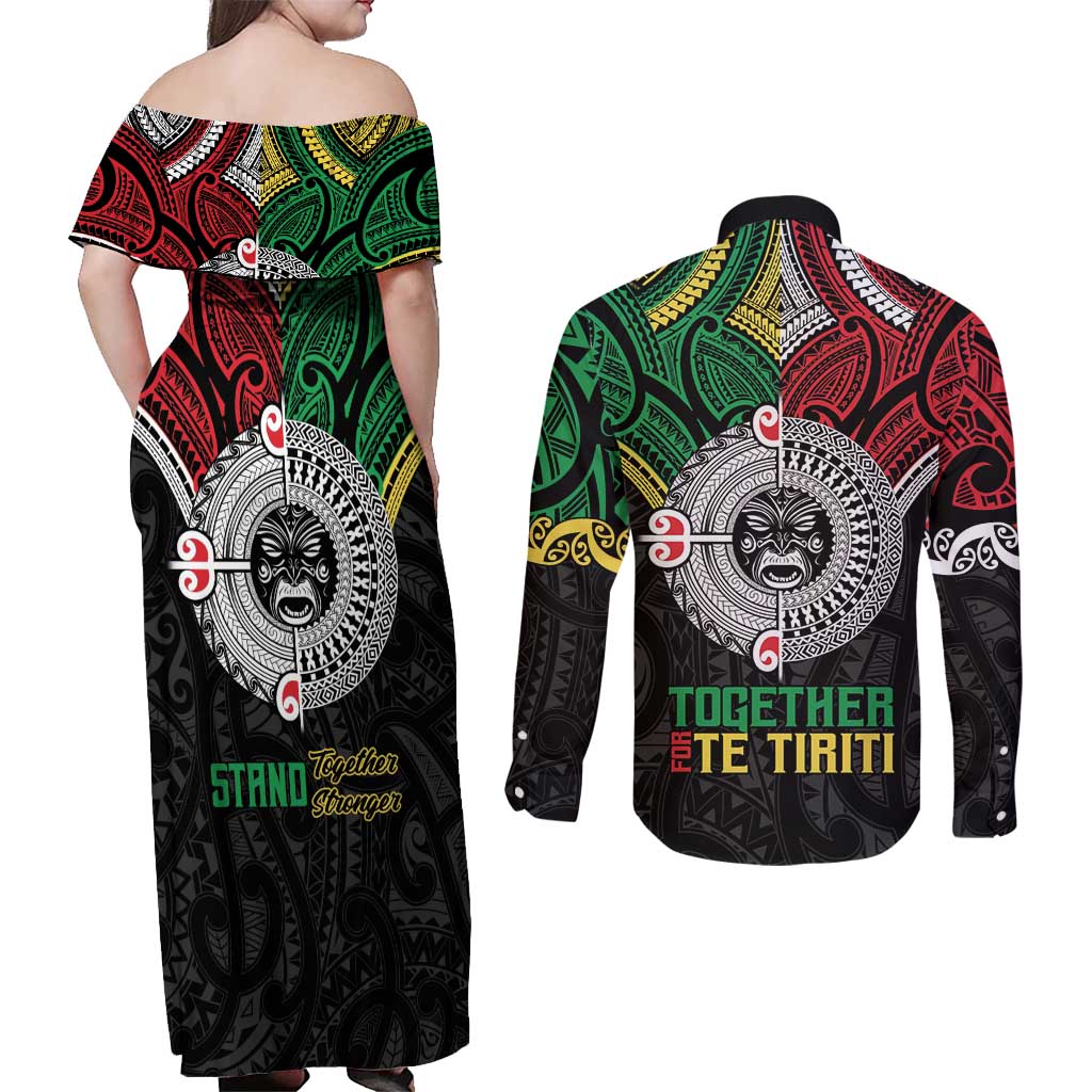 Aotearoa and Cook Islands Mo Te Tiriti Couples Matching Off Shoulder Maxi Dress and Long Sleeve Button Shirt New Zealand Honour The Treaty Ake!Ake!Ake! LT9 - Polynesian Pride