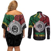 Aotearoa and Cook Islands Mo Te Tiriti Couples Matching Off Shoulder Short Dress and Long Sleeve Button Shirt New Zealand Honour The Treaty Ake!Ake!Ake! LT9 - Polynesian Pride