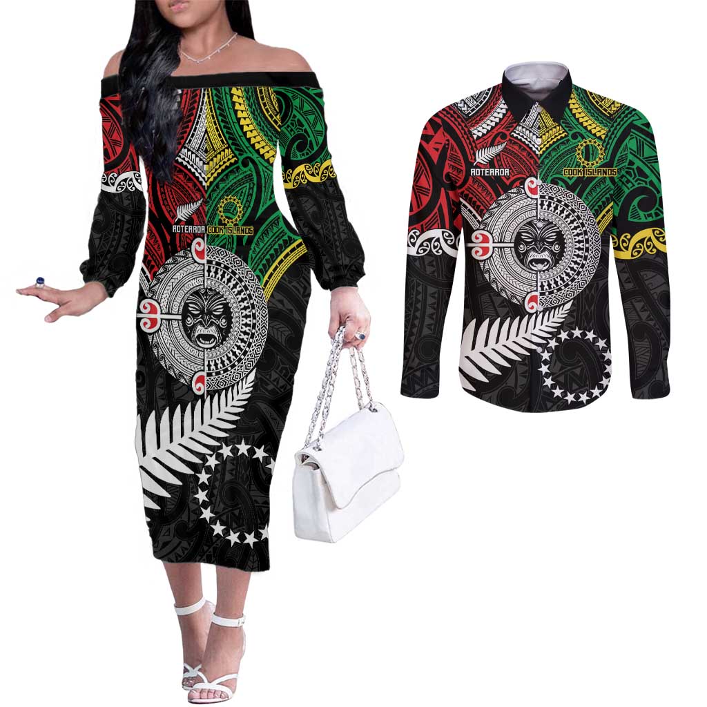 Aotearoa and Cook Islands Mo Te Tiriti Couples Matching Off The Shoulder Long Sleeve Dress and Long Sleeve Button Shirt New Zealand Honour The Treaty Ake!Ake!Ake! LT9 Green - Polynesian Pride