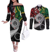 Aotearoa and Cook Islands Mo Te Tiriti Couples Matching Off The Shoulder Long Sleeve Dress and Long Sleeve Button Shirt New Zealand Honour The Treaty Ake!Ake!Ake! LT9 Green - Polynesian Pride