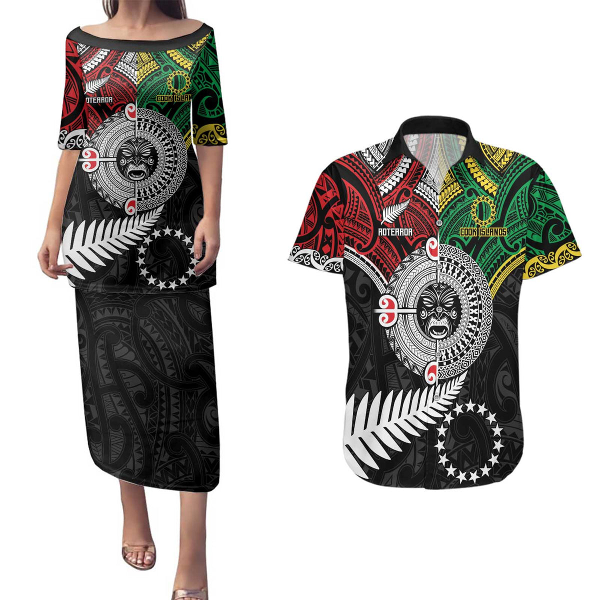 Aotearoa and Cook Islands Mo Te Tiriti Couples Matching Puletasi and Hawaiian Shirt New Zealand Honour The Treaty Ake!Ake!Ake! LT9 Green - Polynesian Pride