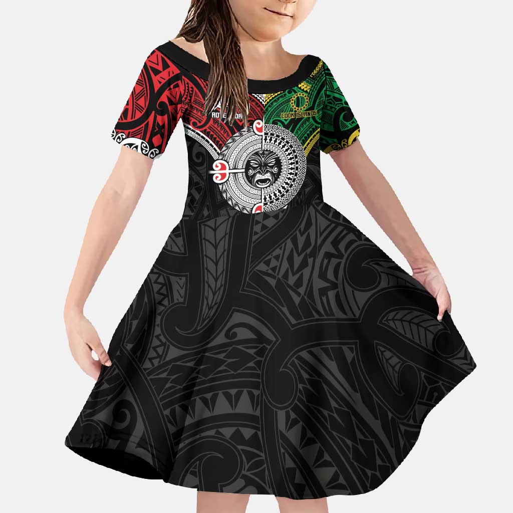 Aotearoa and Cook Islands Mo Te Tiriti Family Matching Long Sleeve Bodycon Dress and Hawaiian Shirt New Zealand Honour The Treaty Ake!Ake!Ake! LT9 Daughter's Dress Green - Polynesian Pride