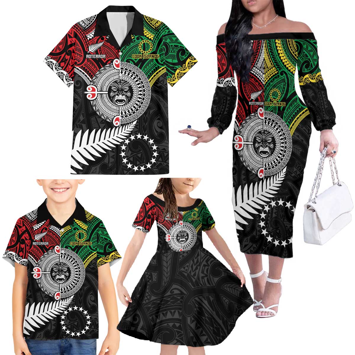Aotearoa and Cook Islands Mo Te Tiriti Family Matching Off The Shoulder Long Sleeve Dress and Hawaiian Shirt New Zealand Honour The Treaty Ake!Ake!Ake! LT9 - Polynesian Pride