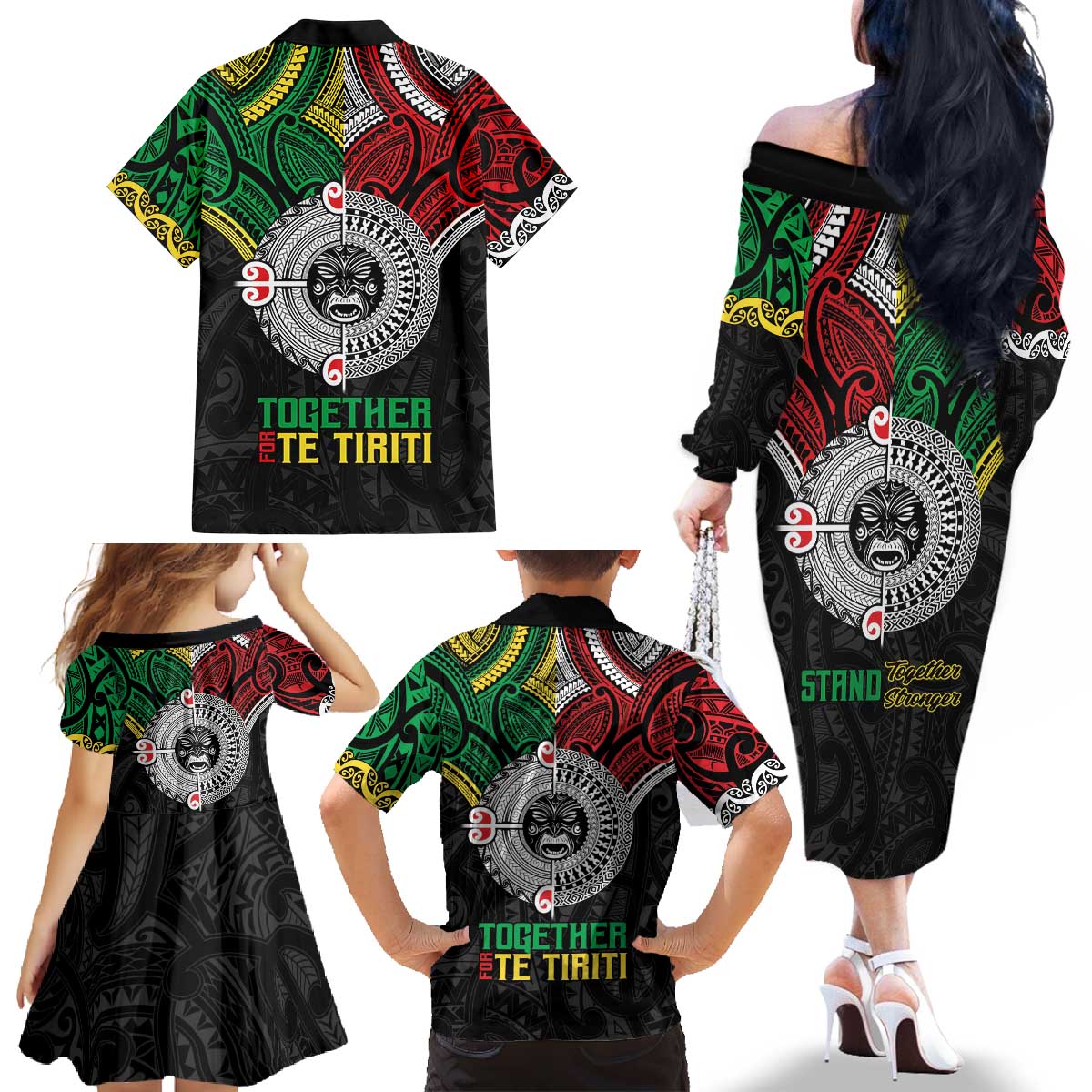 Aotearoa and Cook Islands Mo Te Tiriti Family Matching Off The Shoulder Long Sleeve Dress and Hawaiian Shirt New Zealand Honour The Treaty Ake!Ake!Ake! LT9 - Polynesian Pride