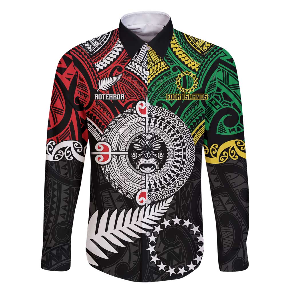 Aotearoa and Cook Islands Mo Te Tiriti Family Matching Off Shoulder Short Dress and Hawaiian Shirt New Zealand Honour The Treaty Ake!Ake!Ake! LT9 Dad's Shirt - Long Sleeve Green - Polynesian Pride