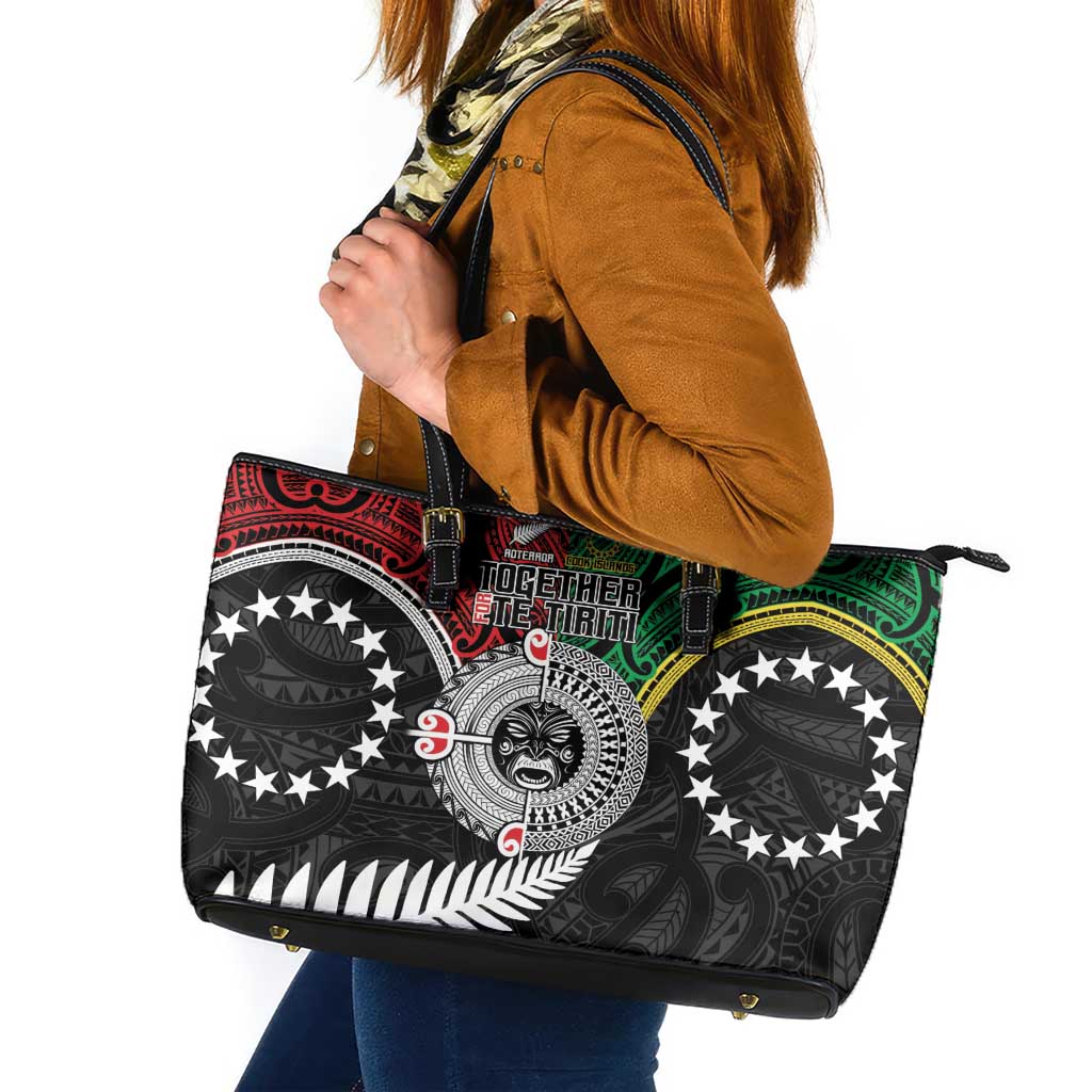 Aotearoa and Cook Islands Mo Te Tiriti Leather Tote Bag New Zealand Honour The Treaty Ake!Ake!Ake! LT9 Green - Polynesian Pride