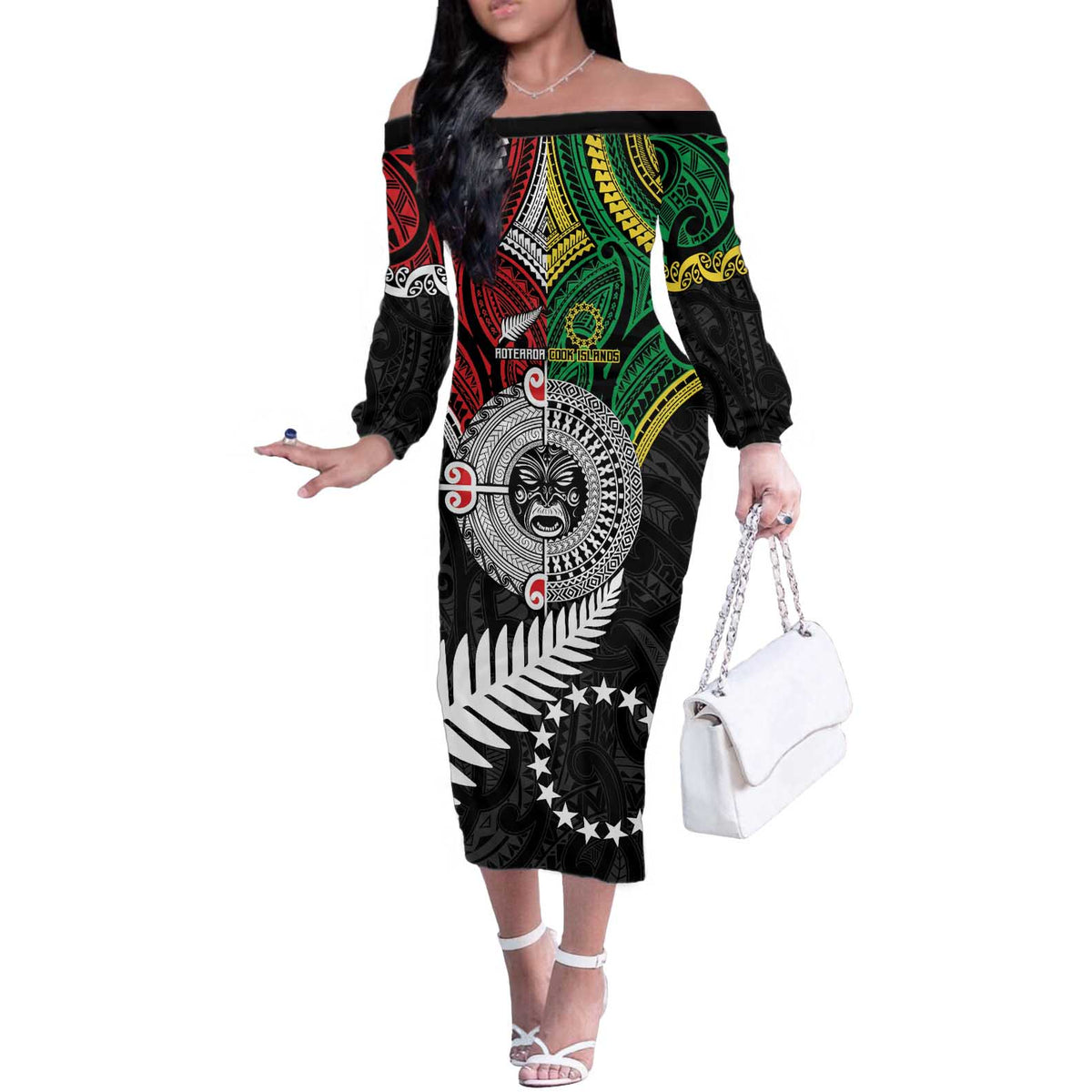 Aotearoa and Cook Islands Mo Te Tiriti Off The Shoulder Long Sleeve Dress New Zealand Honour The Treaty Ake!Ake!Ake! LT9 Women Green - Polynesian Pride
