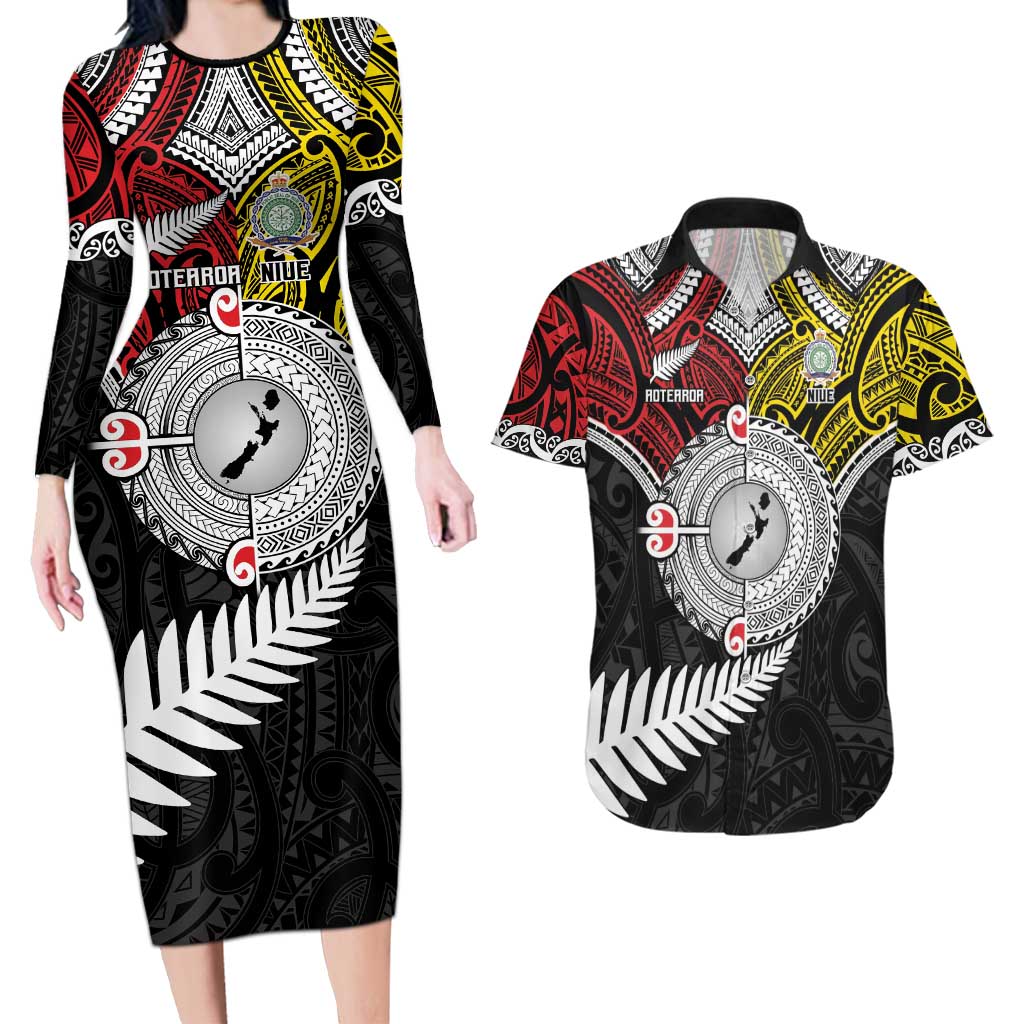 Aotearoa and Niue Mo Te Tiriti Couples Matching Long Sleeve Bodycon Dress and Hawaiian Shirt New Zealand Honour The Treaty Ake!Ake!Ake! LT9 Gold - Polynesian Pride