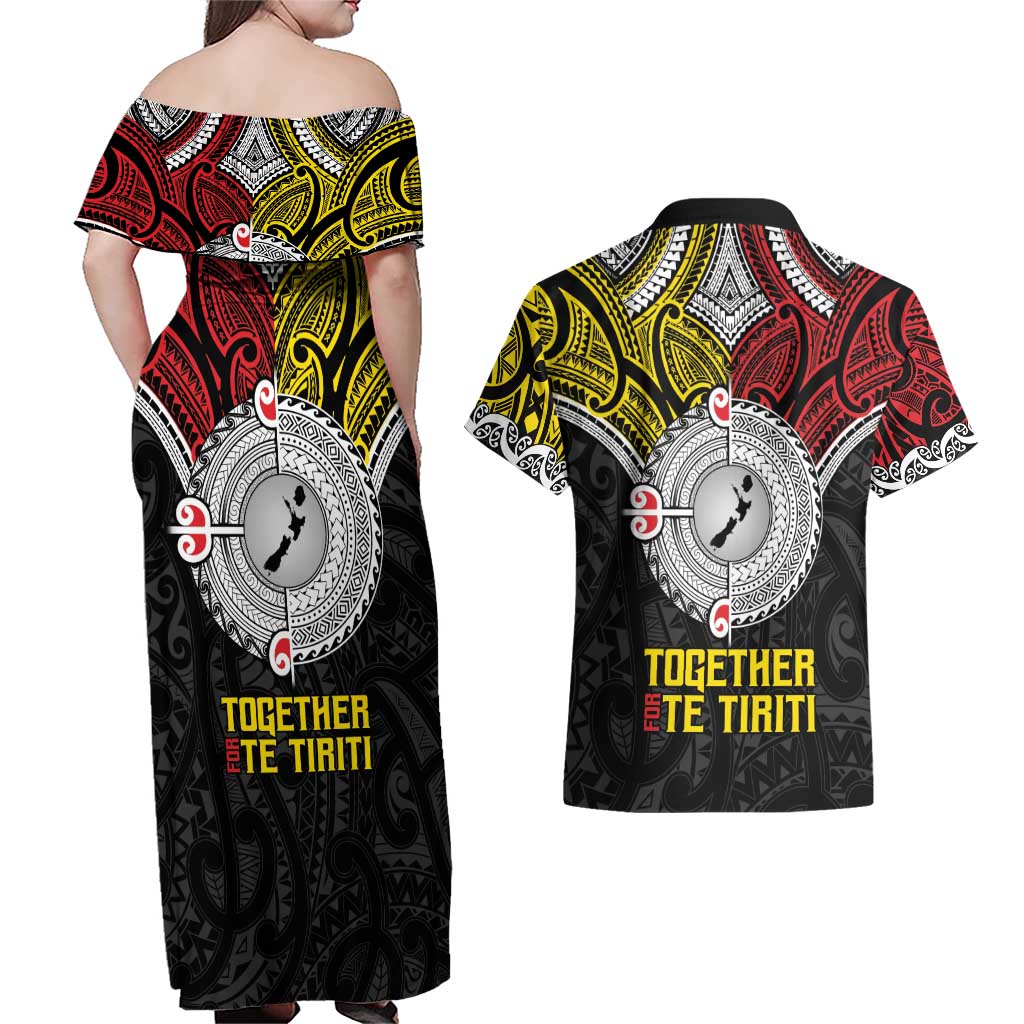 Aotearoa and Niue Mo Te Tiriti Couples Matching Off Shoulder Maxi Dress and Hawaiian Shirt New Zealand Honour The Treaty Ake!Ake!Ake! LT9 - Polynesian Pride