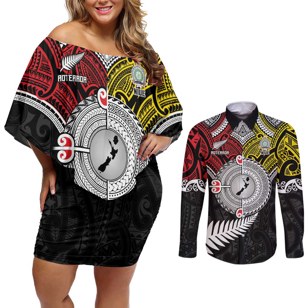 Aotearoa and Niue Mo Te Tiriti Couples Matching Off Shoulder Short Dress and Long Sleeve Button Shirt New Zealand Honour The Treaty Ake!Ake!Ake! LT9 Gold - Polynesian Pride
