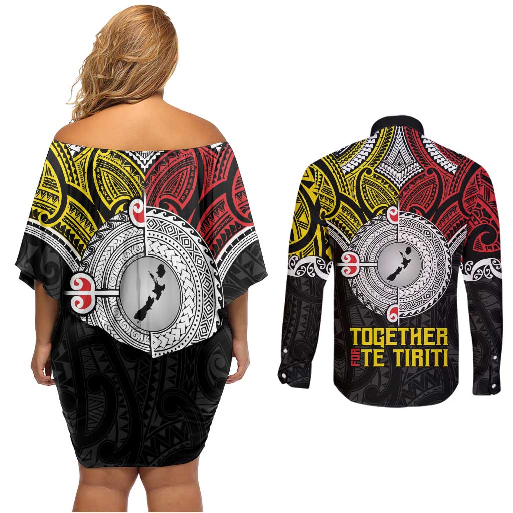 Aotearoa and Niue Mo Te Tiriti Couples Matching Off Shoulder Short Dress and Long Sleeve Button Shirt New Zealand Honour The Treaty Ake!Ake!Ake! LT9 - Polynesian Pride