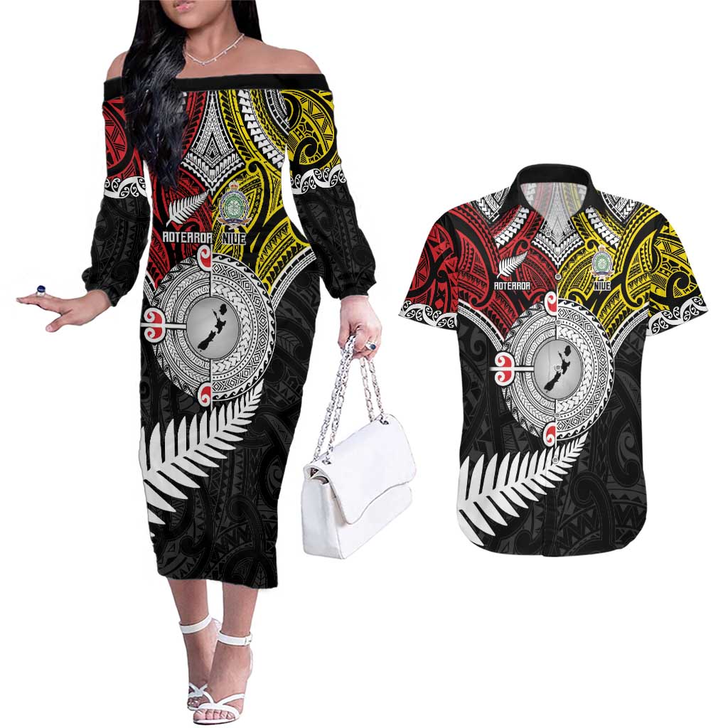 Aotearoa and Niue Mo Te Tiriti Couples Matching Off The Shoulder Long Sleeve Dress and Hawaiian Shirt New Zealand Honour The Treaty Ake!Ake!Ake! LT9 Gold - Polynesian Pride
