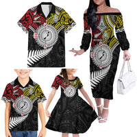 Aotearoa and Niue Mo Te Tiriti Family Matching Off The Shoulder Long Sleeve Dress and Hawaiian Shirt New Zealand Honour The Treaty Ake!Ake!Ake! LT9 - Polynesian Pride