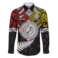 Aotearoa and Niue Mo Te Tiriti Family Matching Off Shoulder Maxi Dress and Hawaiian Shirt New Zealand Honour The Treaty Ake!Ake!Ake! LT9 Dad's Shirt - Long Sleeve Gold - Polynesian Pride