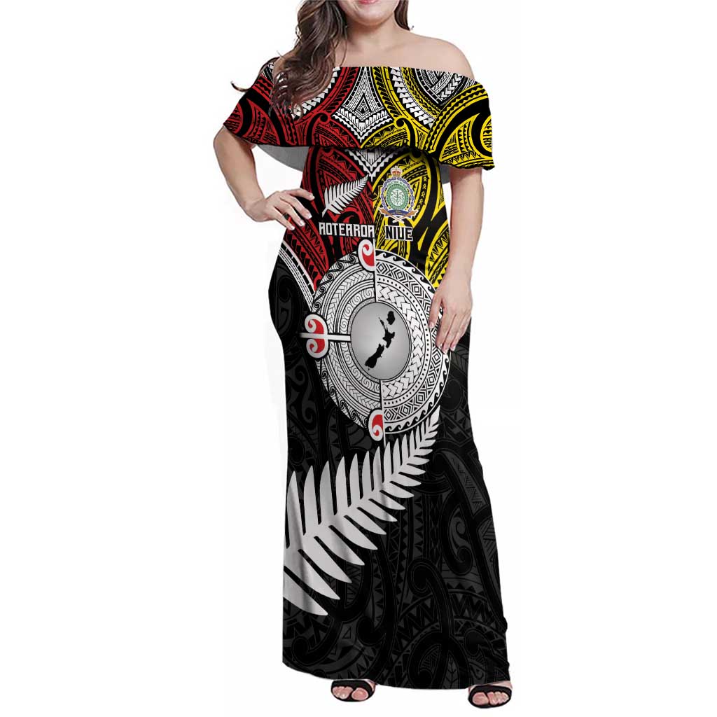 Aotearoa and Niue Mo Te Tiriti Family Matching Off Shoulder Maxi Dress and Hawaiian Shirt New Zealand Honour The Treaty Ake!Ake!Ake! LT9 Mom's Dress Gold - Polynesian Pride
