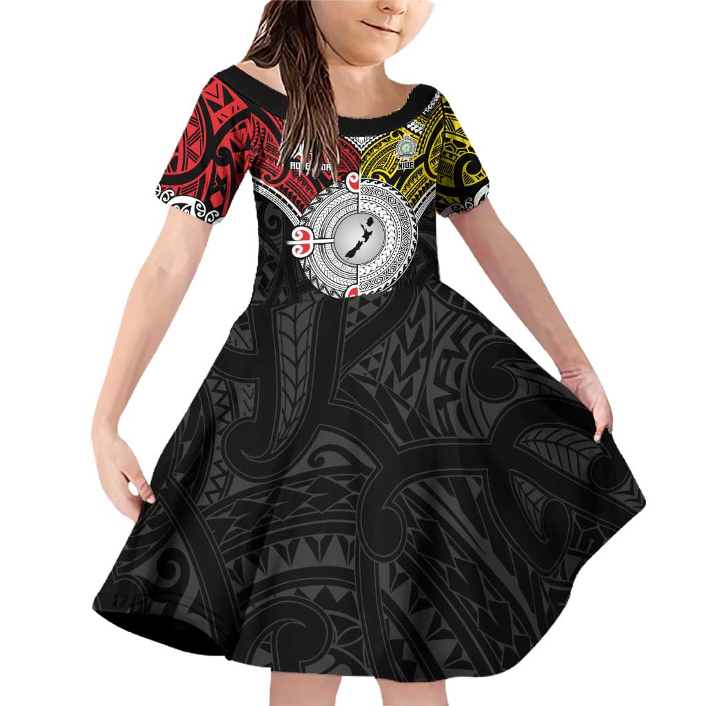 Aotearoa and Niue Mo Te Tiriti Family Matching Off Shoulder Short Dress and Hawaiian Shirt New Zealand Honour The Treaty Ake!Ake!Ake! LT9 Daughter's Dress Gold - Polynesian Pride