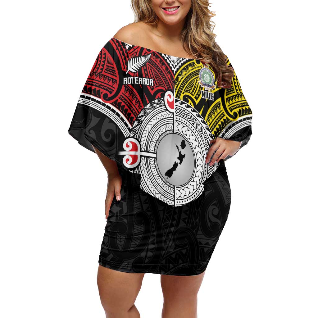 Aotearoa and Niue Mo Te Tiriti Family Matching Off Shoulder Short Dress and Hawaiian Shirt New Zealand Honour The Treaty Ake!Ake!Ake! LT9 Mom's Dress Gold - Polynesian Pride
