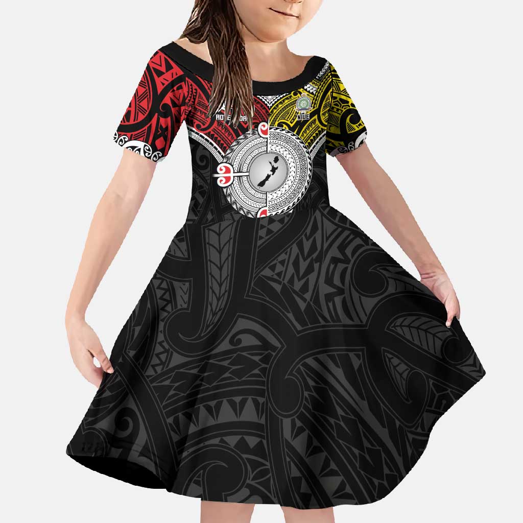 Aotearoa and Niue Mo Te Tiriti Family Matching Short Sleeve Bodycon Dress and Hawaiian Shirt New Zealand Honour The Treaty Ake!Ake!Ake! LT9 Daughter's Dress Gold - Polynesian Pride