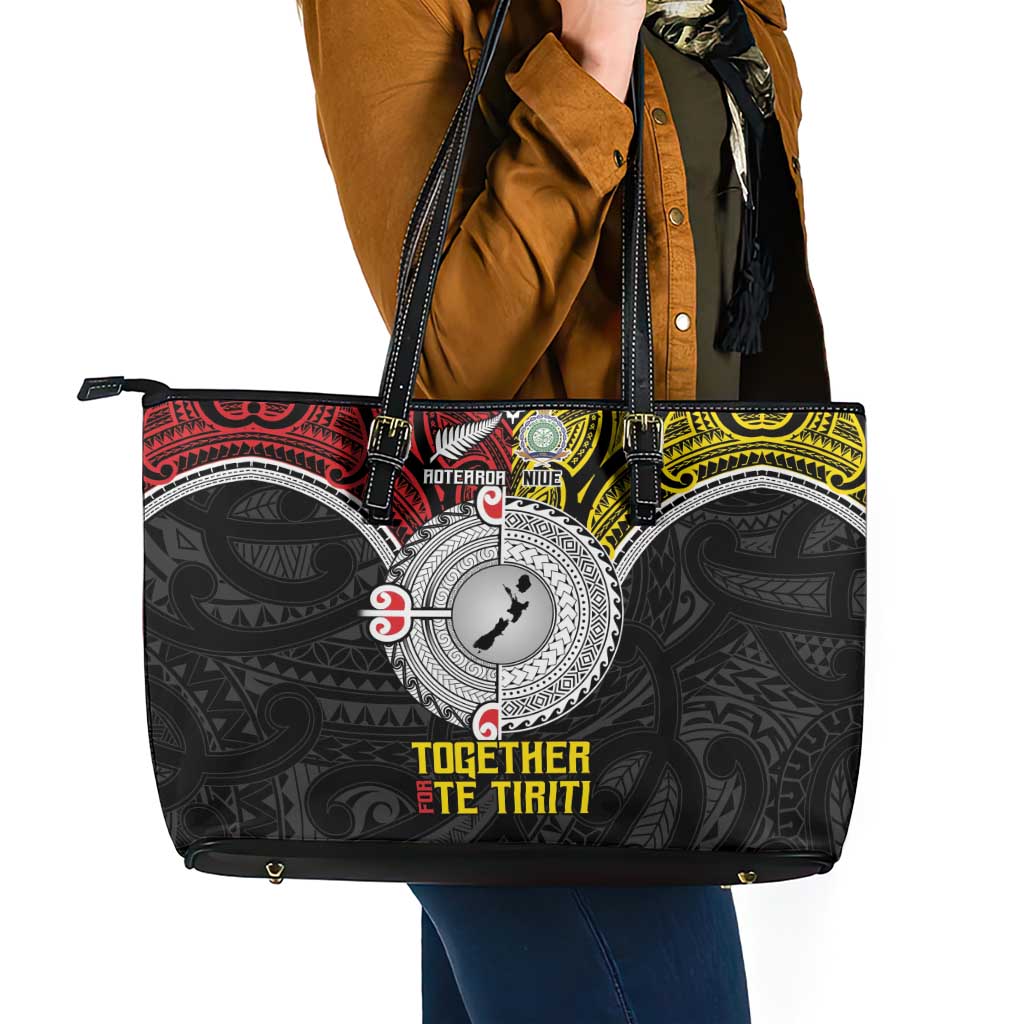 Aotearoa and Niue Mo Te Tiriti Leather Tote Bag New Zealand Honour The Treaty Ake!Ake!Ake! LT9 - Polynesian Pride