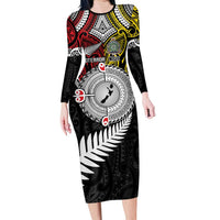 Aotearoa and Niue Mo Te Tiriti Long Sleeve Bodycon Dress New Zealand Honour The Treaty Ake!Ake!Ake! LT9 Long Dress Gold - Polynesian Pride