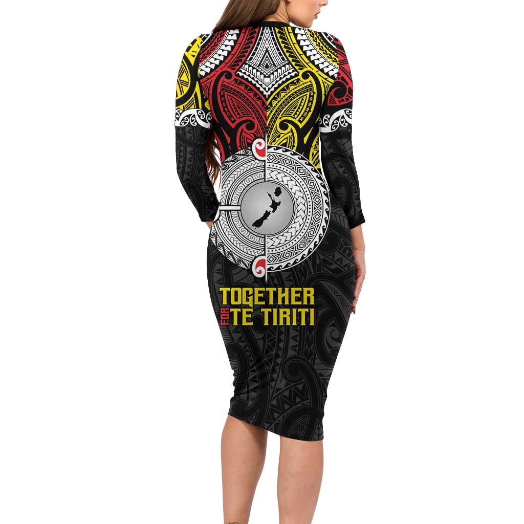 Aotearoa and Niue Mo Te Tiriti Long Sleeve Bodycon Dress New Zealand Honour The Treaty Ake!Ake!Ake! LT9 - Polynesian Pride