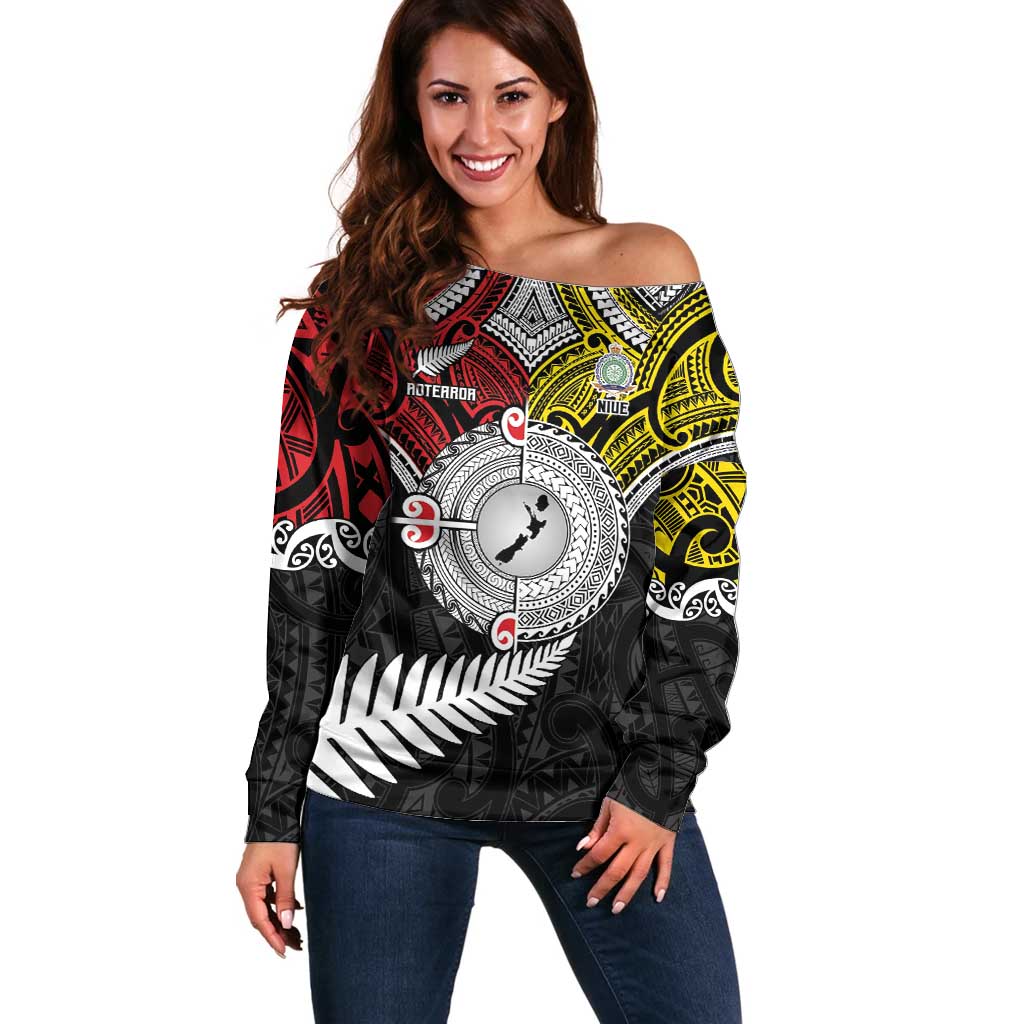 Aotearoa and Niue Mo Te Tiriti Off Shoulder Sweater New Zealand Honour The Treaty Ake!Ake!Ake! LT9 Women Gold - Polynesian Pride