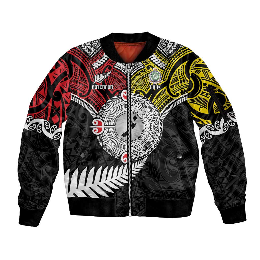 Aotearoa and Niue Mo Te Tiriti Sleeve Zip Bomber Jacket New Zealand Honour The Treaty Ake!Ake!Ake! LT9 Unisex Gold - Polynesian Pride