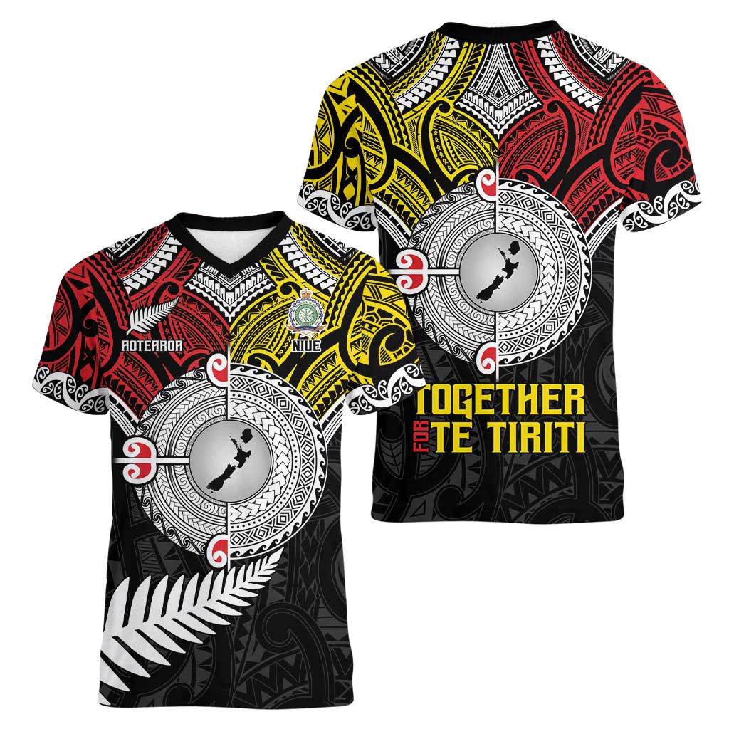 Aotearoa and Niue Mo Te Tiriti Women V-Neck T-Shirt New Zealand Honour The Treaty Ake!Ake!Ake! LT9 - Polynesian Pride