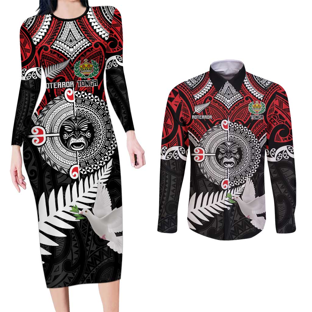Aotearoa and Tonga Mo Te Tiriti Couples Matching Long Sleeve Bodycon Dress and Long Sleeve Button Shirt New Zealand Honour The Treaty Ake!Ake!Ake! LT9 Red - Polynesian Pride
