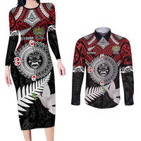 Aotearoa and Tonga Mo Te Tiriti Couples Matching Long Sleeve Bodycon Dress and Long Sleeve Button Shirt New Zealand Honour The Treaty Ake!Ake!Ake! LT9 Red - Polynesian Pride