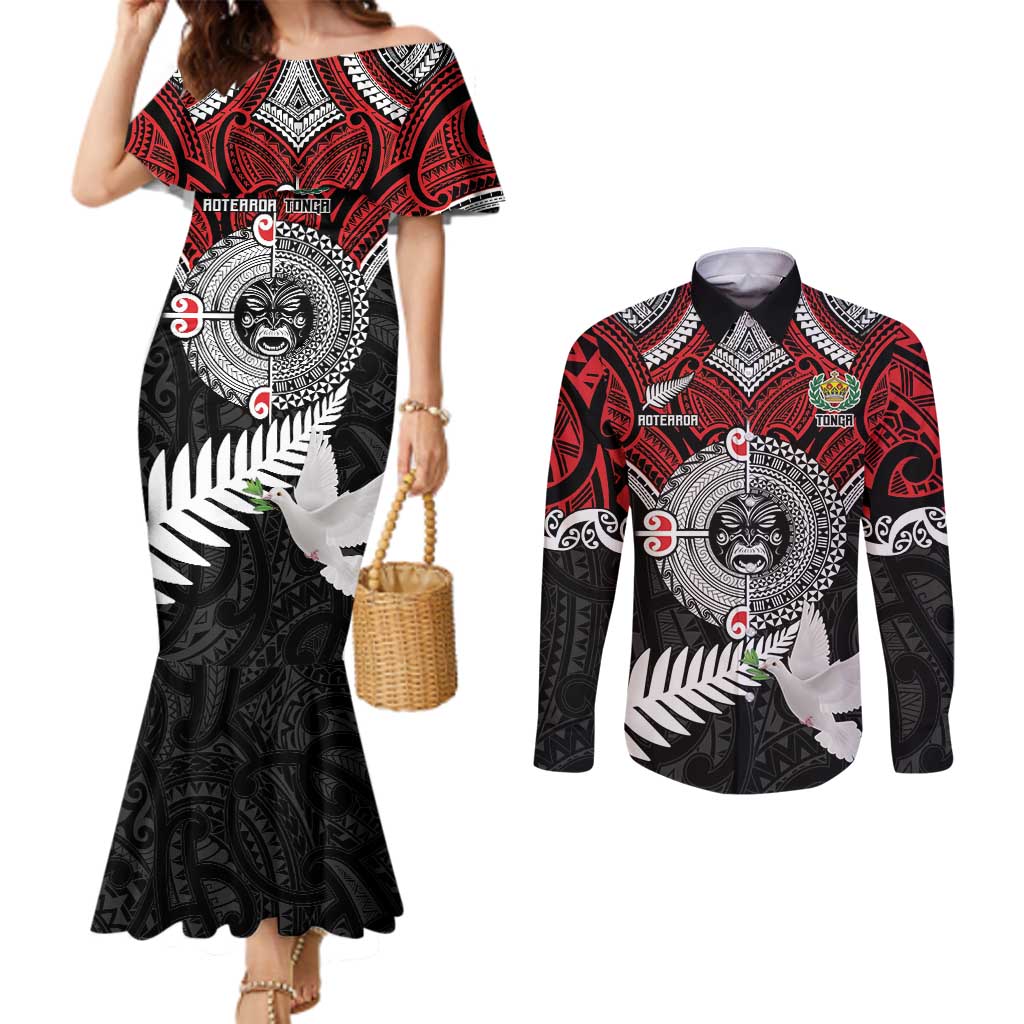 Aotearoa and Tonga Mo Te Tiriti Couples Matching Mermaid Dress and Long Sleeve Button Shirt New Zealand Honour The Treaty Ake!Ake!Ake! LT9 Red - Polynesian Pride