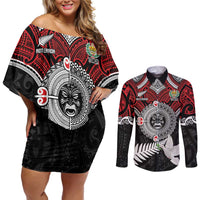Aotearoa and Tonga Mo Te Tiriti Couples Matching Off Shoulder Short Dress and Long Sleeve Button Shirt New Zealand Honour The Treaty Ake!Ake!Ake! LT9 Red - Polynesian Pride