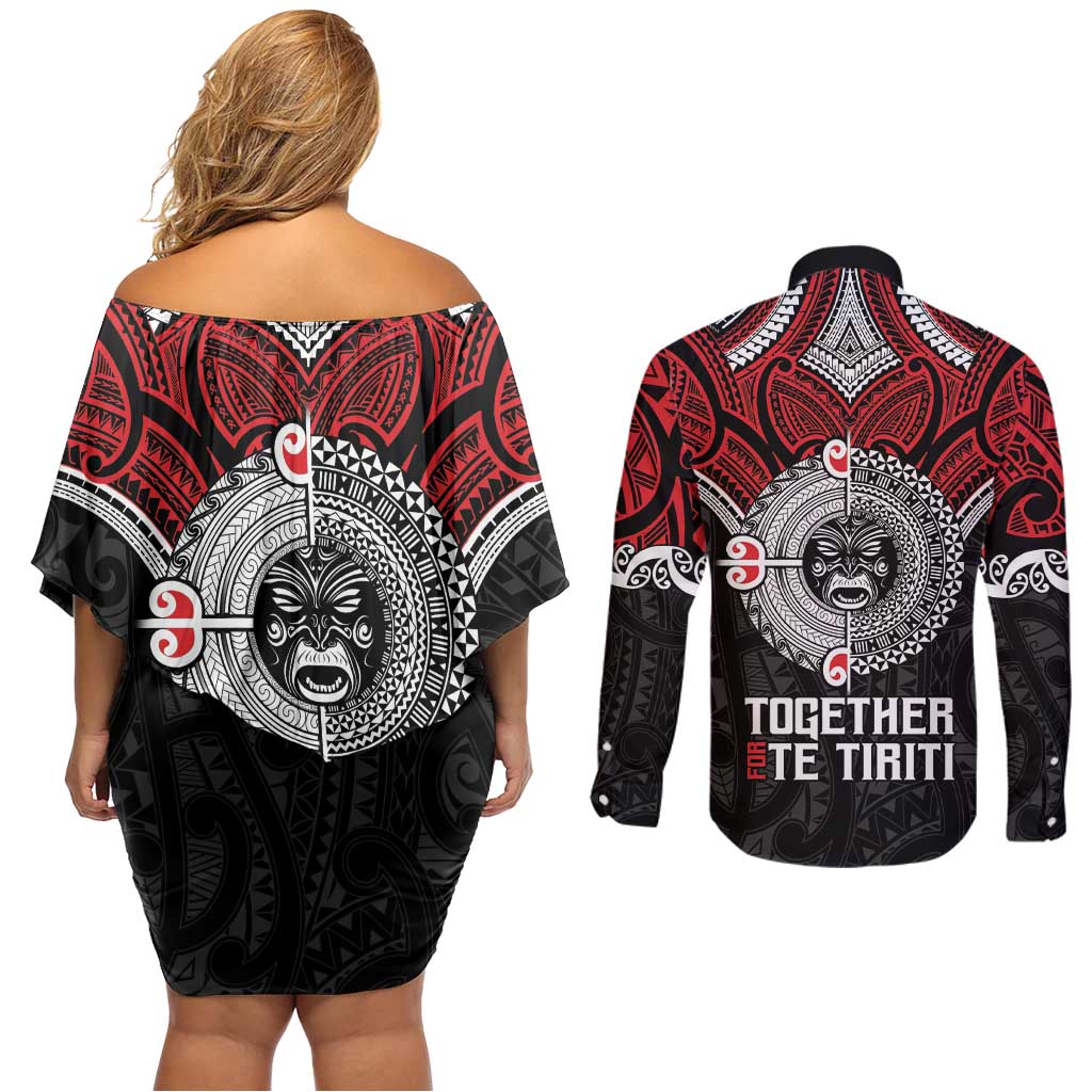 Aotearoa and Tonga Mo Te Tiriti Couples Matching Off Shoulder Short Dress and Long Sleeve Button Shirt New Zealand Honour The Treaty Ake!Ake!Ake! LT9 - Polynesian Pride