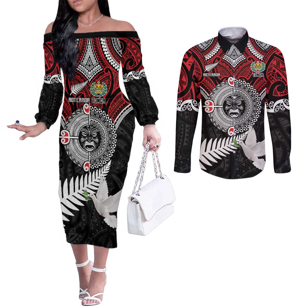 Aotearoa and Tonga Mo Te Tiriti Couples Matching Off The Shoulder Long Sleeve Dress and Long Sleeve Button Shirt New Zealand Honour The Treaty Ake!Ake!Ake! LT9 Red - Polynesian Pride