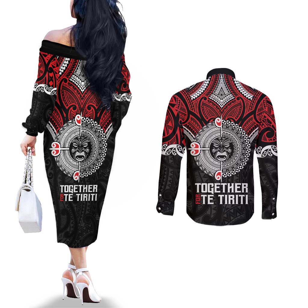 Aotearoa and Tonga Mo Te Tiriti Couples Matching Off The Shoulder Long Sleeve Dress and Long Sleeve Button Shirt New Zealand Honour The Treaty Ake!Ake!Ake! LT9 - Polynesian Pride
