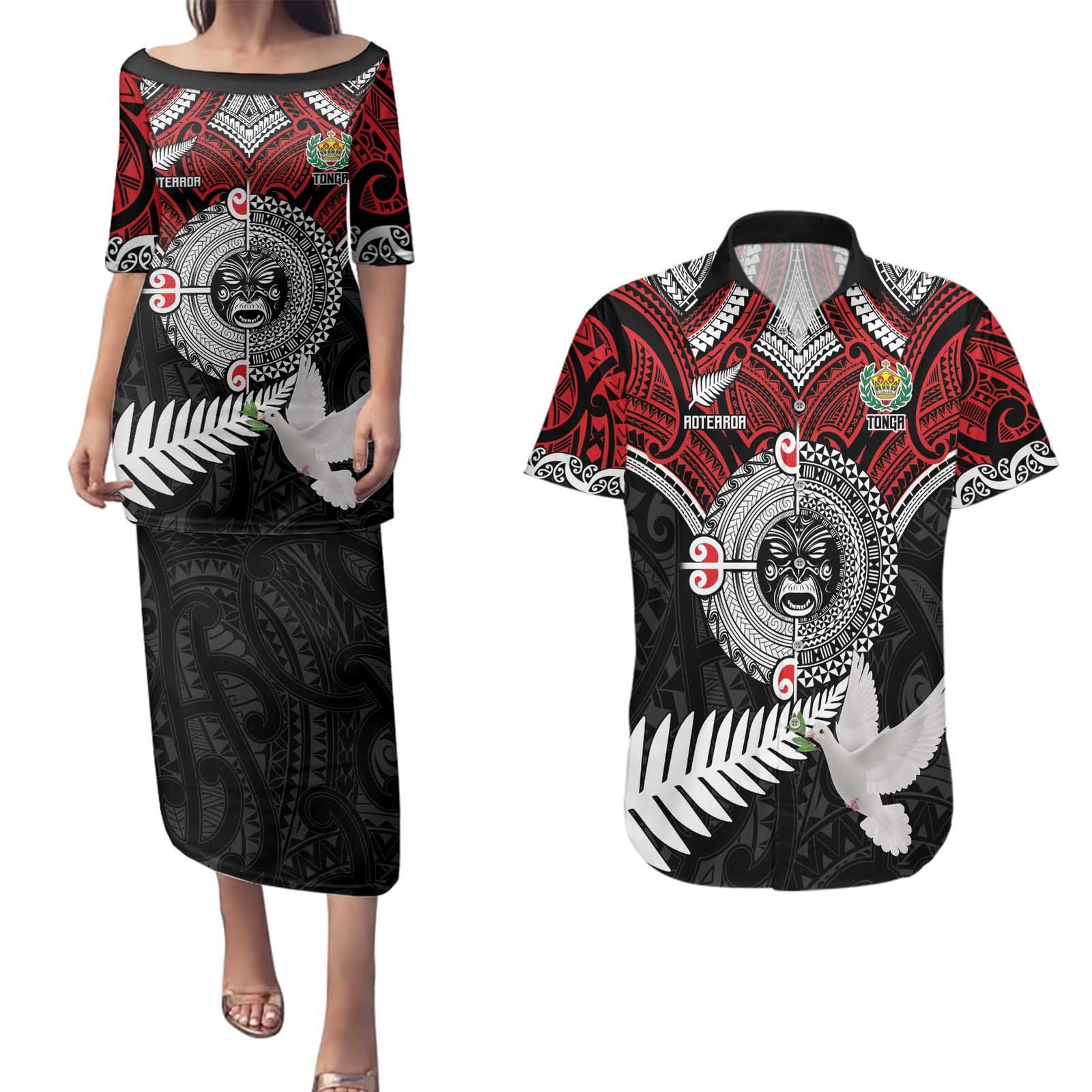 Aotearoa and Tonga Mo Te Tiriti Couples Matching Puletasi and Hawaiian Shirt New Zealand Honour The Treaty Ake!Ake!Ake!