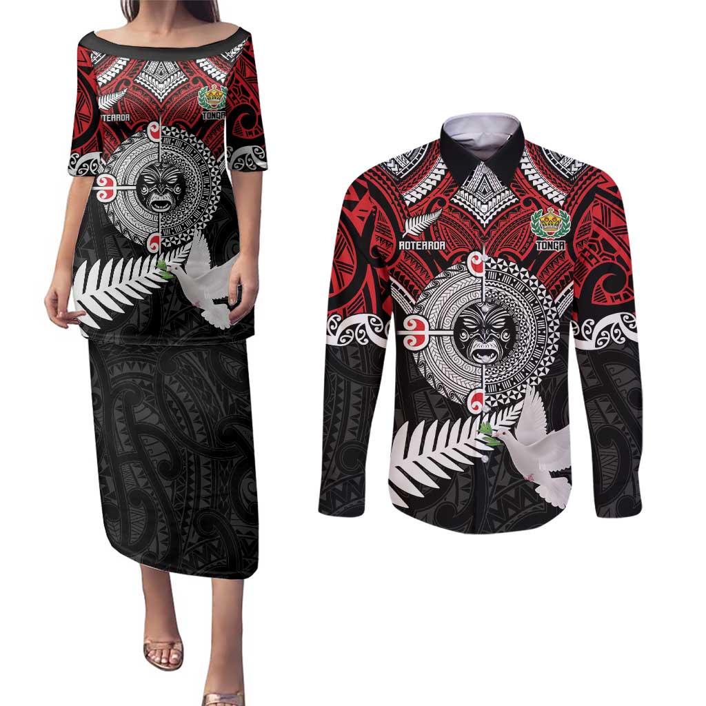 Aotearoa and Tonga Mo Te Tiriti Couples Matching Puletasi and Long Sleeve Button Shirt New Zealand Honour The Treaty Ake!Ake!Ake! LT9 Red - Polynesian Pride