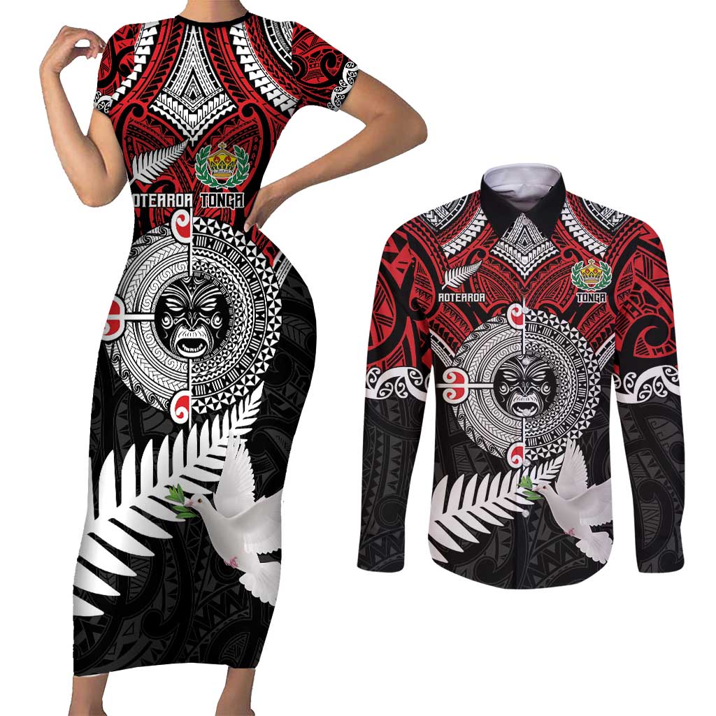 Aotearoa and Tonga Mo Te Tiriti Couples Matching Short Sleeve Bodycon Dress and Long Sleeve Button Shirt New Zealand Honour The Treaty Ake!Ake!Ake! LT9 Red - Polynesian Pride